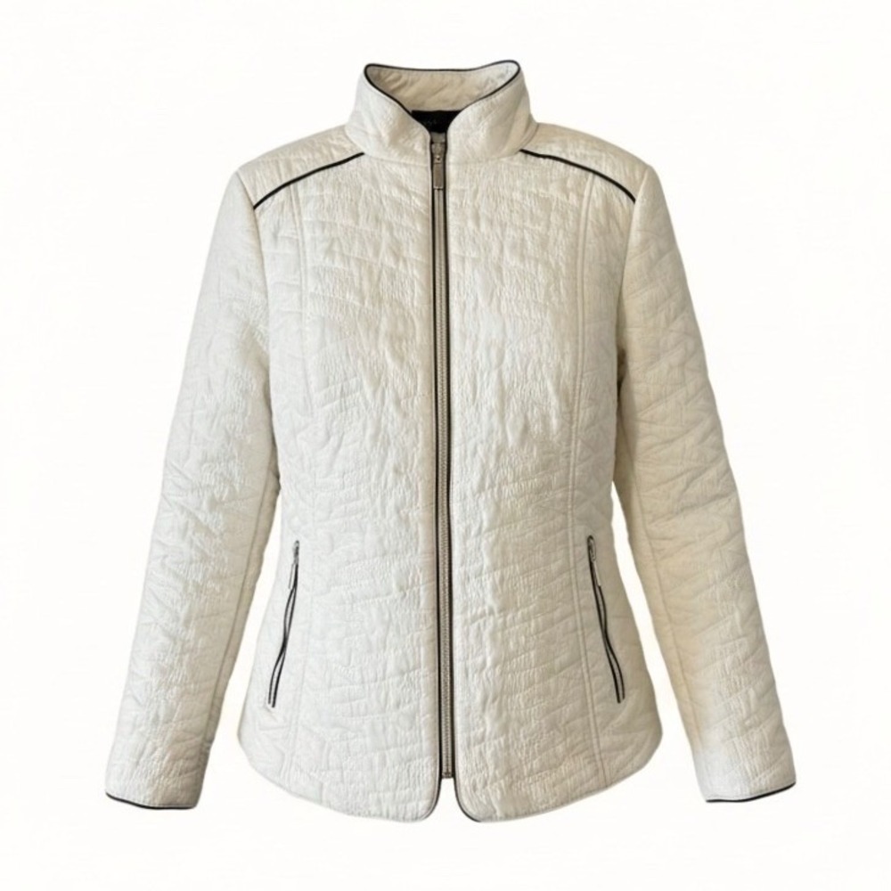 Jane Ashley Womens Cream Quilted Zigzag Mock Neck Zip Up Jacket Small Black Trim
